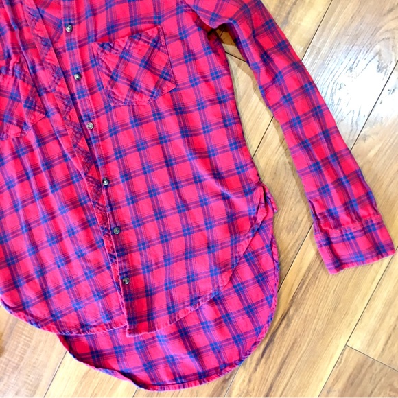 Abercrombie Fitch high low red blue plaid flannel shirt top winter long … - Picture 2 of 6